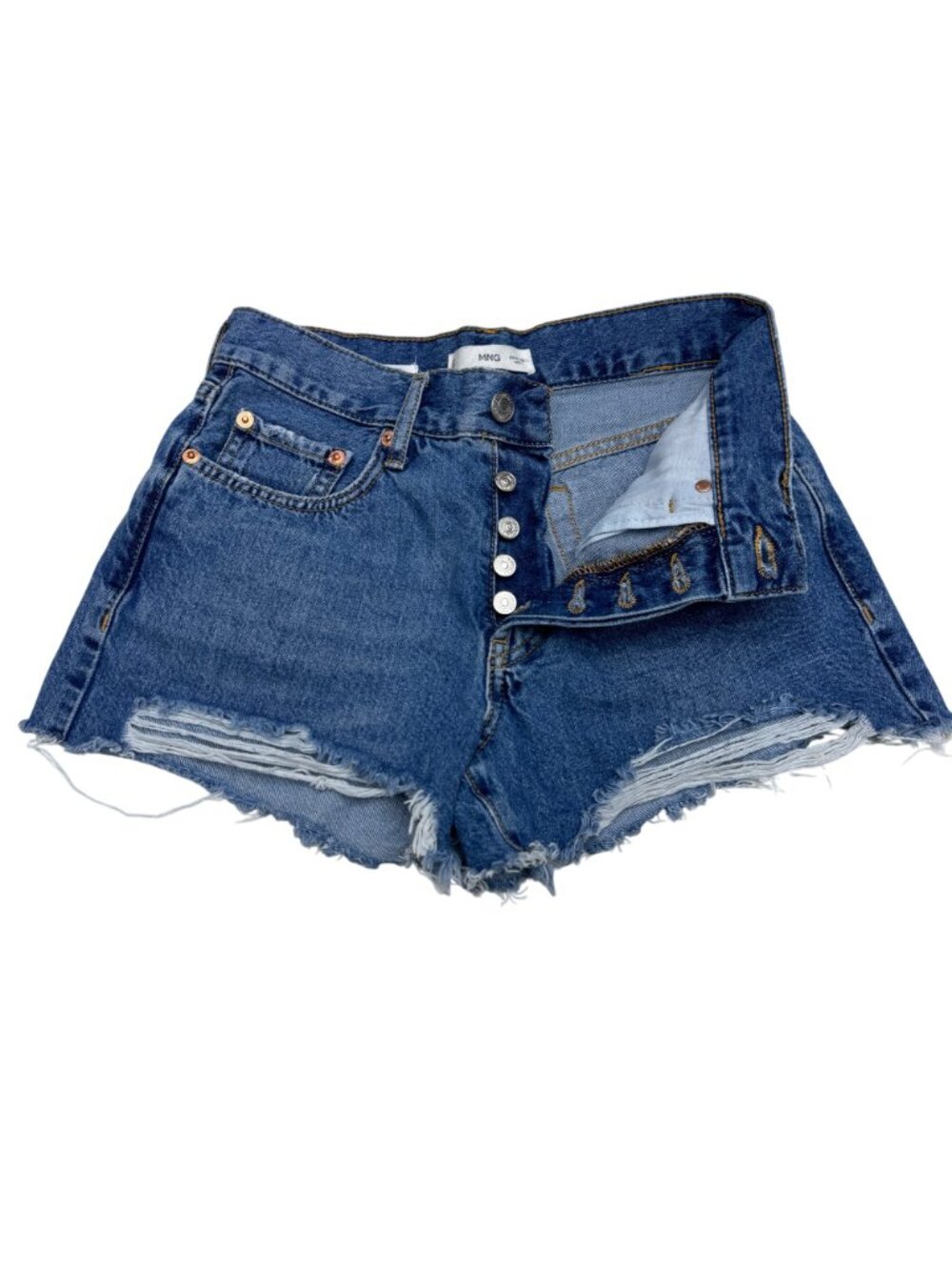 Mango MNG Hailey Blue Denim Shorts Women's Distressed Button Fly, Size 2 - Picture 2 of 8
